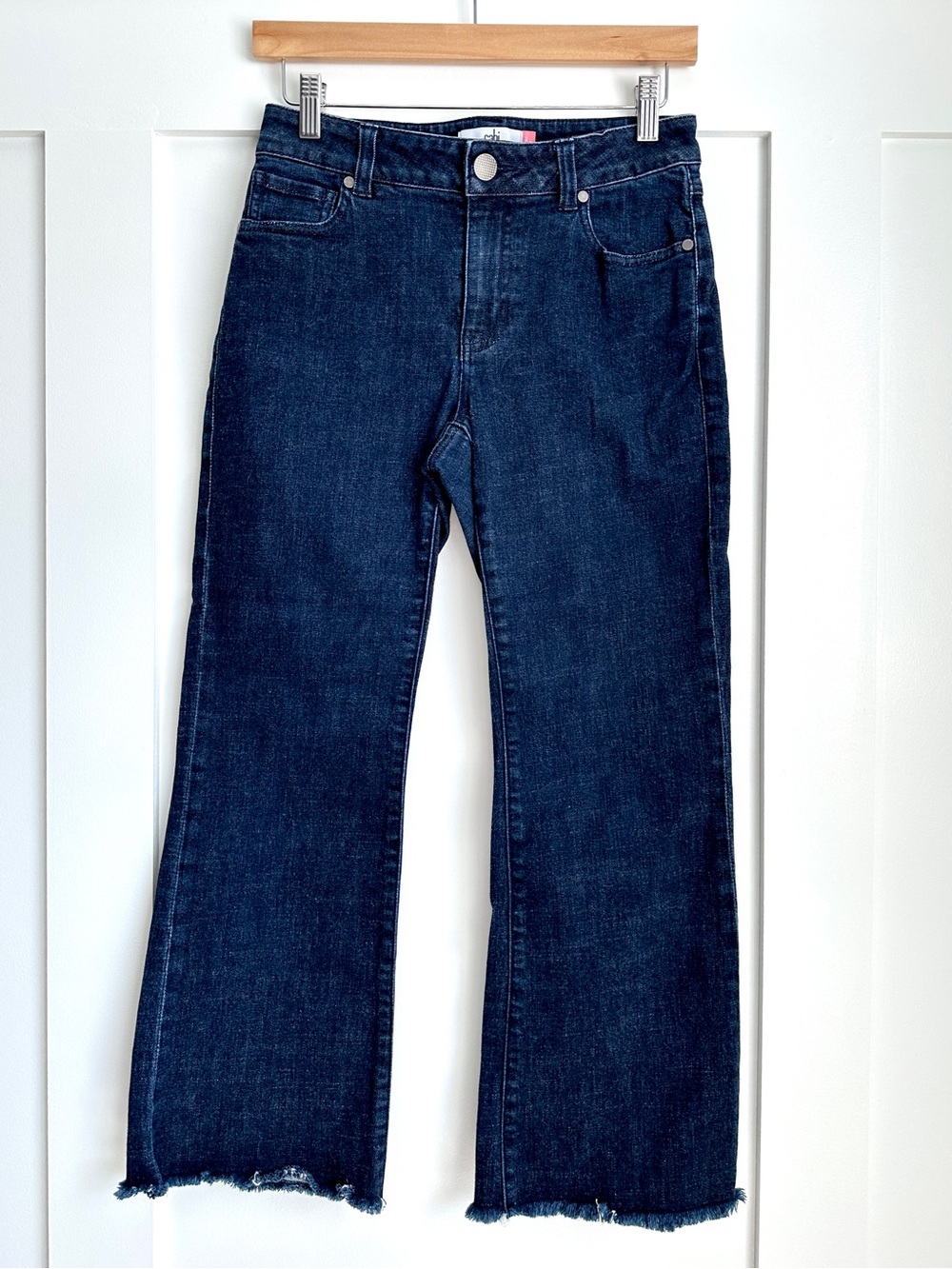 CAbi Trouser Denim Jeans Size 2 Classic Dark Wash Raw Hem Wide Flares Leg